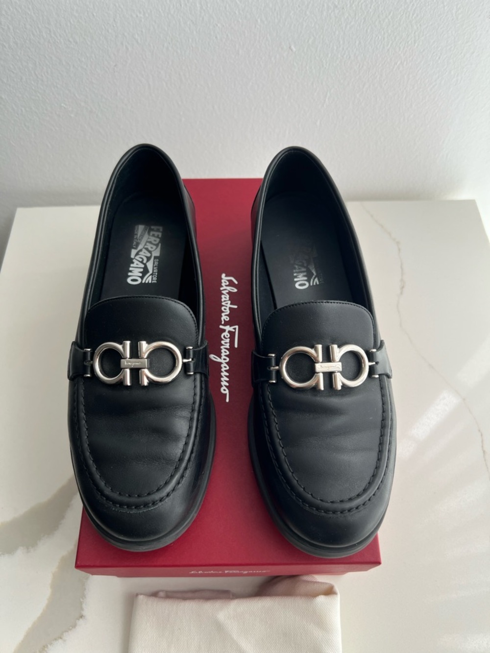 Salvatore Ferragamo Black Leather Gancini Loafers with Silver Hardware